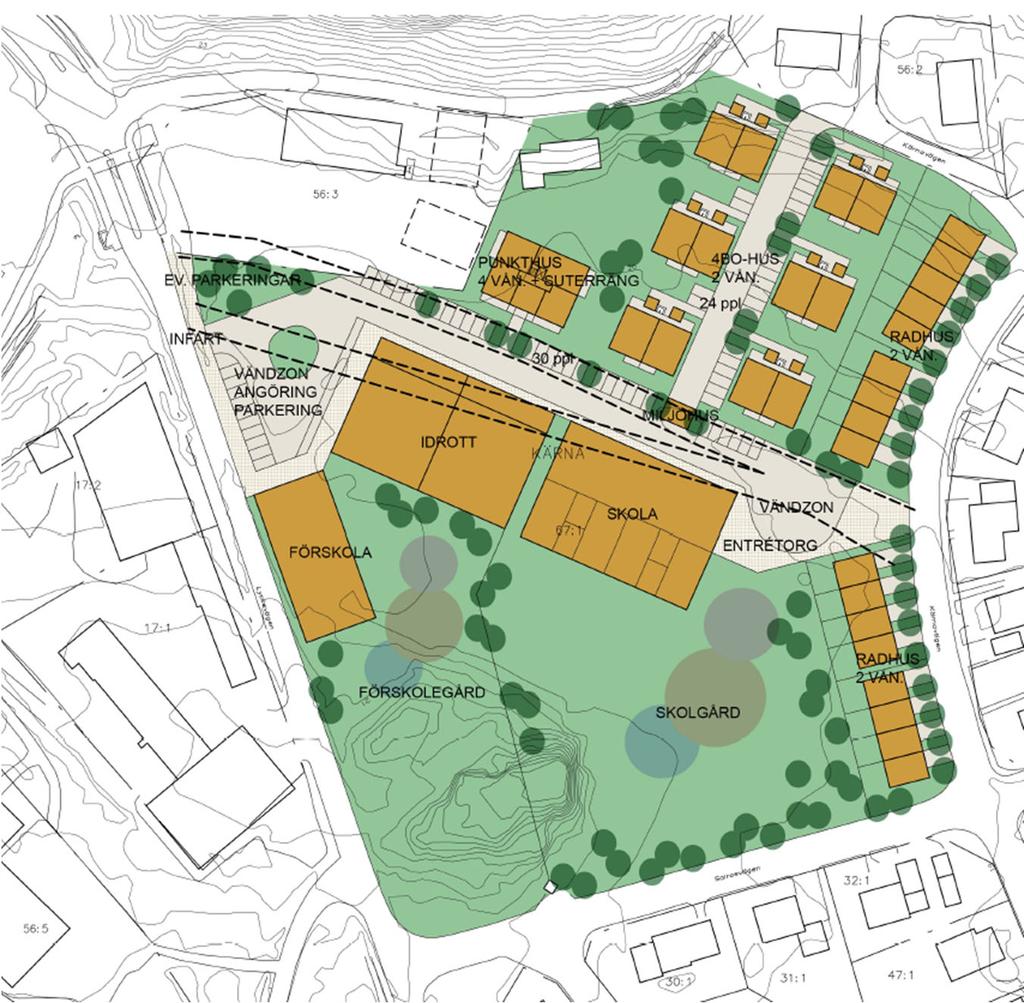 Sida 11 (15) 143/2018 Infopunkt - detaljplan för del av Kärna 67:1 (Dnr KS2017/0531) Detaljplanen ska möjliggöra byggnation av förskola, skola, fullstor idrottshall samt bostäder på Hermansby IFs