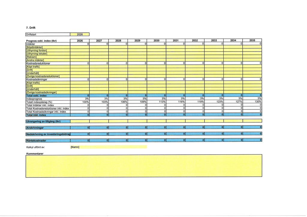 7. Drift ldriflstart I 2026 I 2026 2027 2028 2029 2030 2031 2032 2033 2034 2035 Intäkter o o C] o o o o o o o [Biljettintäkter] pllt;yrning fardon] pujhyrningloåalerj ',, prek:lam]- - iandra