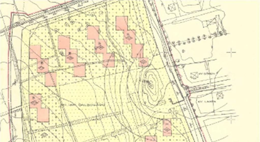 plusmark som tillåter endast tillåter enstaka uthus eller dylikt. Bild: Gällande detaljplan för området.