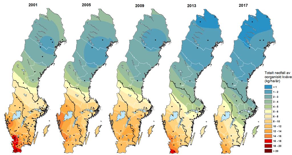 (2018a). Interpolering har gjorts med Krigingmetodik. Totaldepositionen av kväve finns beräknad för alla kalenderår sedan 2001 (Karlsson m.fl., 2018a samt http://sverigesmiljomal.