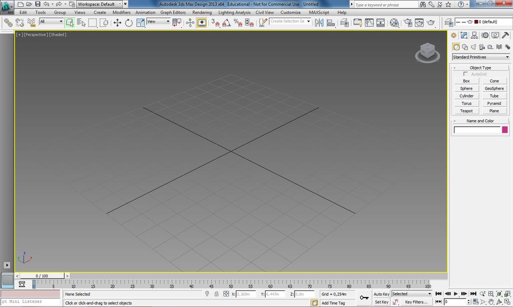 2 Att starta programmet, fönstrets utseende Startar programmet gör man enklast genom att klicka på genvägen på skrivbordet med namnet Autodesk 3ds Max Design 2014 64-bit.