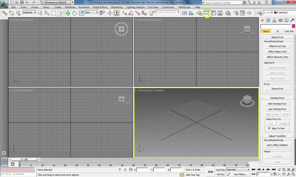 Figure 2: 3D Studio Max huvudfönster 4 vyer efter uppstart 2.1 Menus Menyer överst i fönstret är vanliga Windowsmenyer med en rad olika kommandon och underkommandon i flera nivåer.