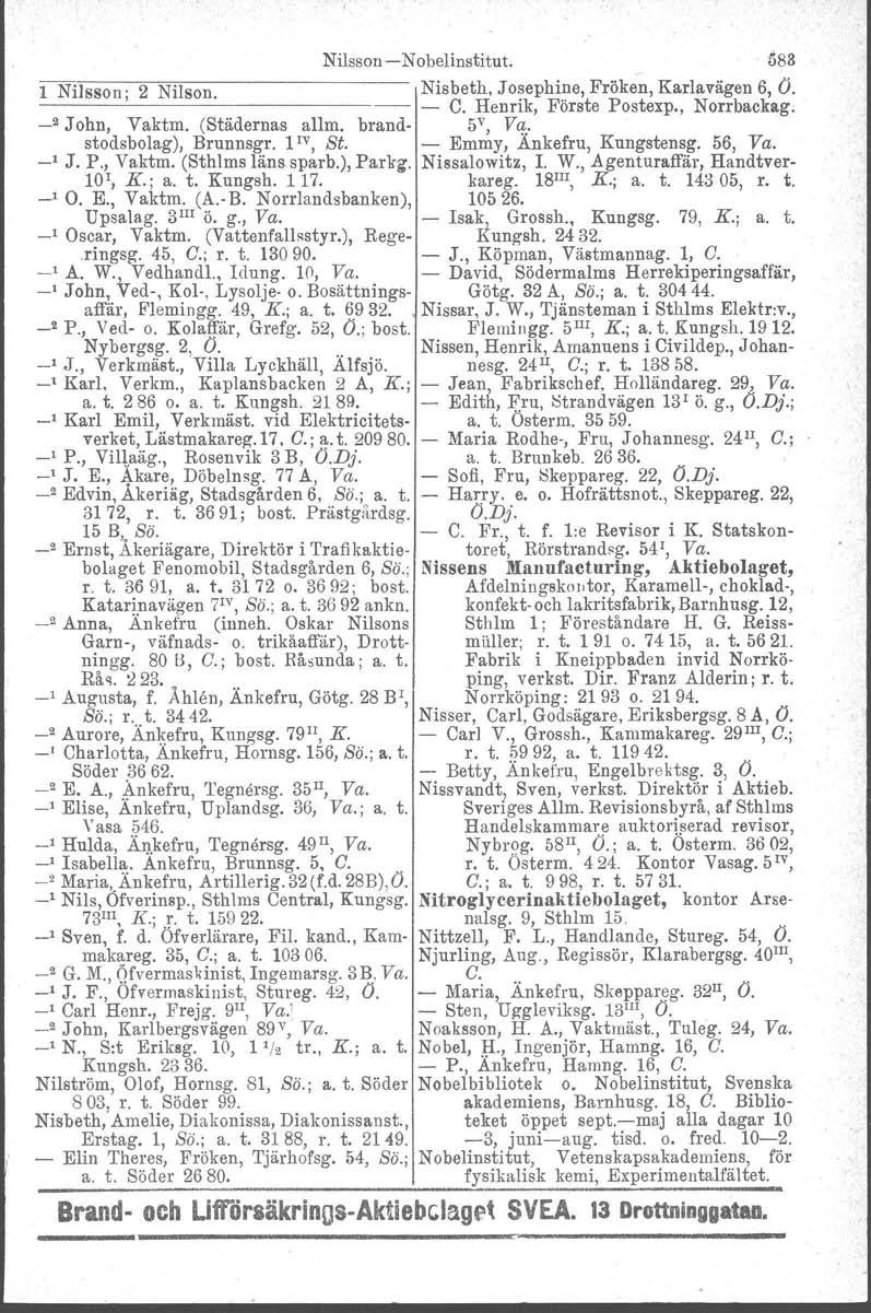 Nilsson Nobelinstitut. 583 l Nilsson; 2 Nilson. Nisbeth, Josephine, Fröken, Karlavägen 6, O. ~ C. Henrik, Förste Postexp., Norrbackag. _2 John, Vaktm.