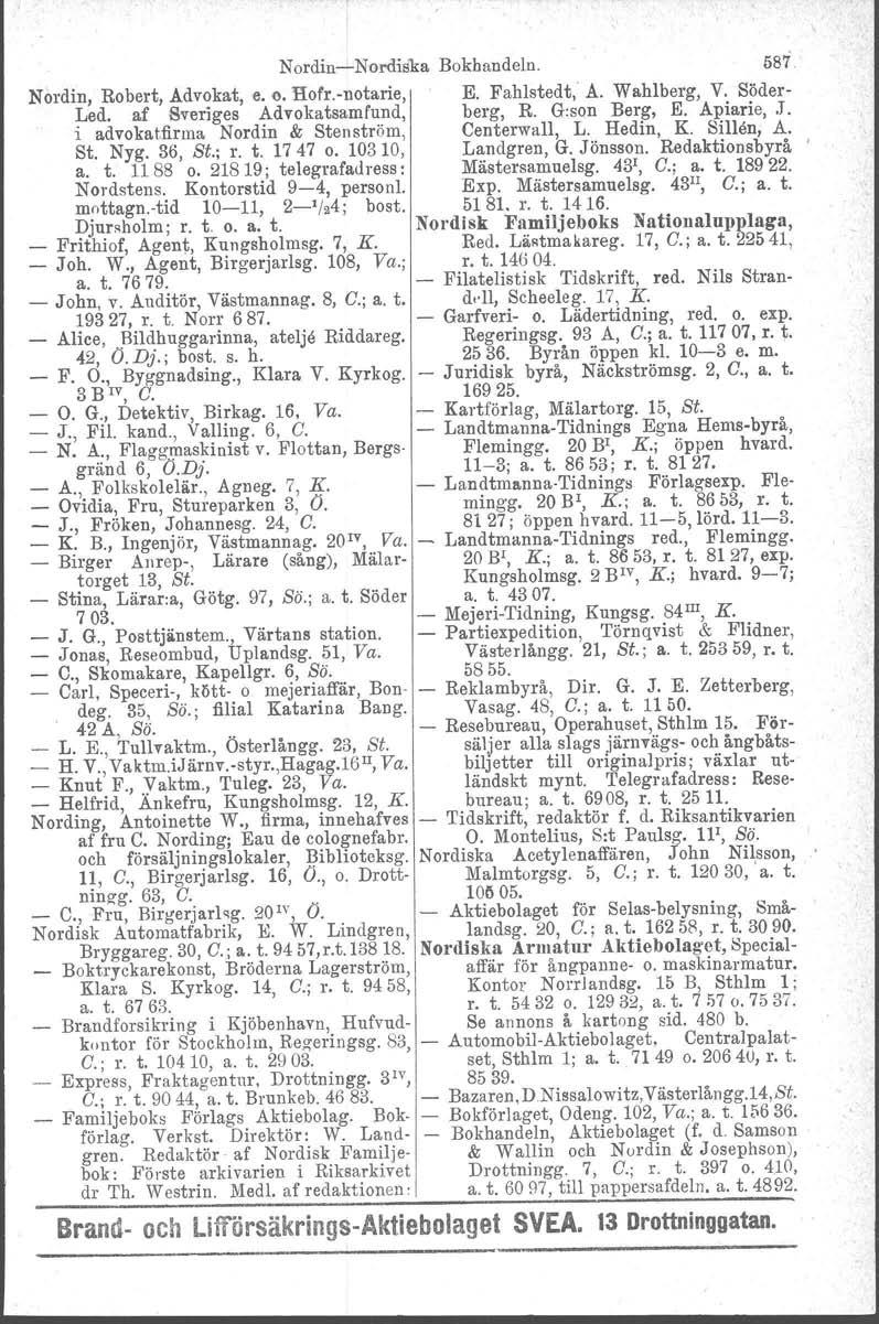 Nordin'NordisKa Bokhandeln. 5si. Nordin, Robert, Advokat, e. o, Hofr.notarie, E. Fahlstedt,' A. Wahlberg, V. Söder Led. af Sveriges Advokatsamfund, berg, R. G:son Berg, E. Apiarie, J.