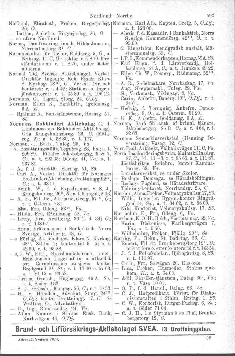 Nordh1l1dNorrby. 5~3 NorIund, "jnisabeth, Fröken, Birgerjarlsg. Norman, Karl Alb., Kapten, Grefg. 5, O.Dj.; 26, O. a. t. 12300. Lotten,.Änkefru, Birgerjarlsg. 26, O. Alexis, f. d. Kassadir.