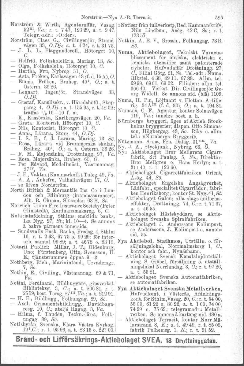 NorströmNya A.R. Terrasit. 595 Norström & Wirth; Agenturaffär, vasag'lllnotis!jr från tullverketp.red. Kammarskrifv. 52 III, Va.; r. t. 747, 12329, a. t. 947. Nils Lindbom, Åsög. 42 C, Sö.; r. t. Telegr.