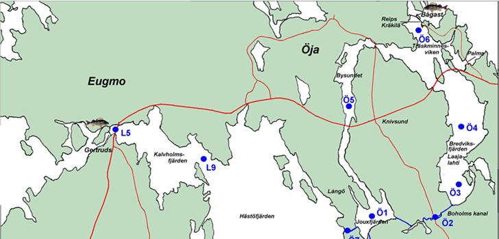 5 Figur 1. Observationspunkterna för Larsmo Öjasjöns kontroll. Larsmo Öjasjöns vatten rinner ut i havet via dammluckorna vid Hästgrundet och Gertruds.