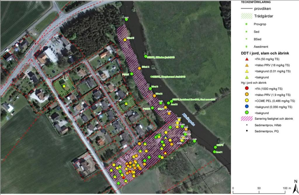 Figur 2. Karta som redovisar aktuella områden för efterbehandling enligt åtgärdsalternativ 4. Mätbara åtgärdsmål Enligt genomförd huvudstudie är kvicksilver det ämne som är styrande.