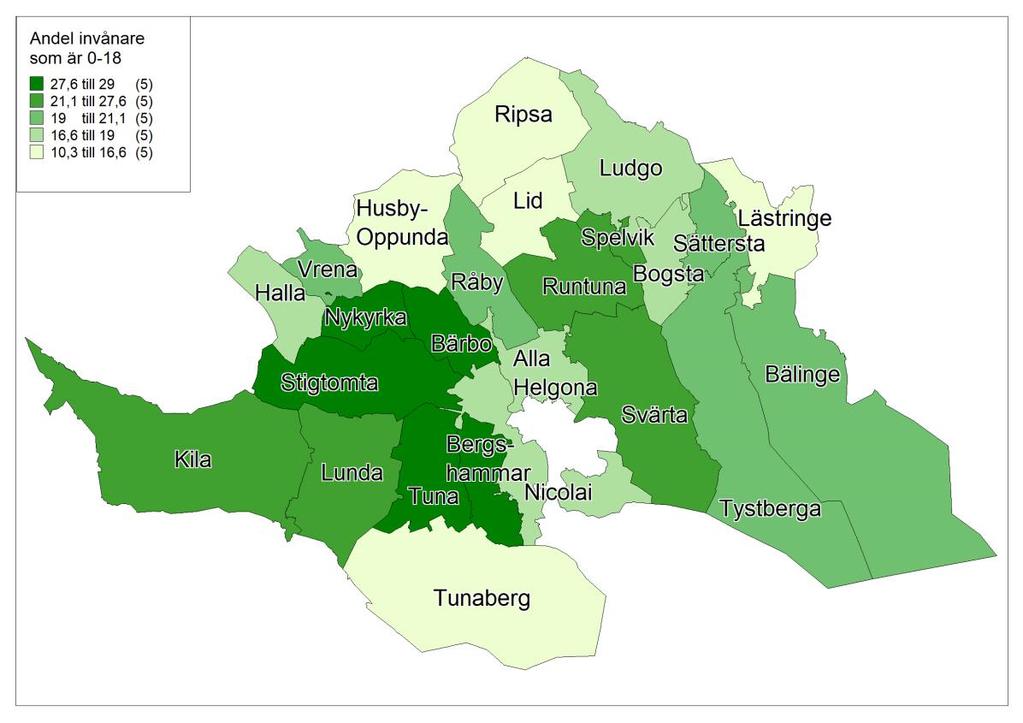 Figur 28 Andel av befolkningen i landsbygdsområdena som är 0-18 år Karta 3.