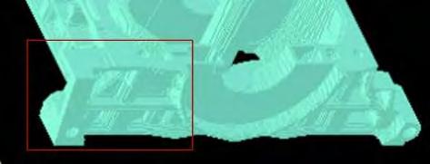 Swerea SWECAST AB Rapport nr 2011_012 Figur 3 Undersökt område i bild från simulering. Pilen visar område för vacuum. Röntgen visade också på ökad porhalt i området.
