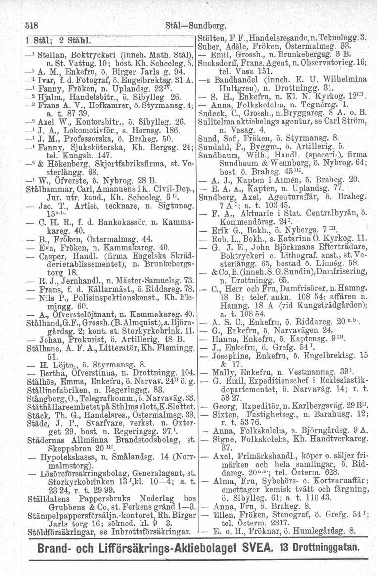 518 Stål-Sundberg. 1 StU; 2 Ståhl. Stölten, F. F.,Handelsre.sande, n. Teknologg.B. Suber, AdeIe, Fröken, Östermalmsg. 33. -' Stellan, Boktryckeri (inneh. Math. Stål), - Emil, Grossh., n. Brunkebergsg.