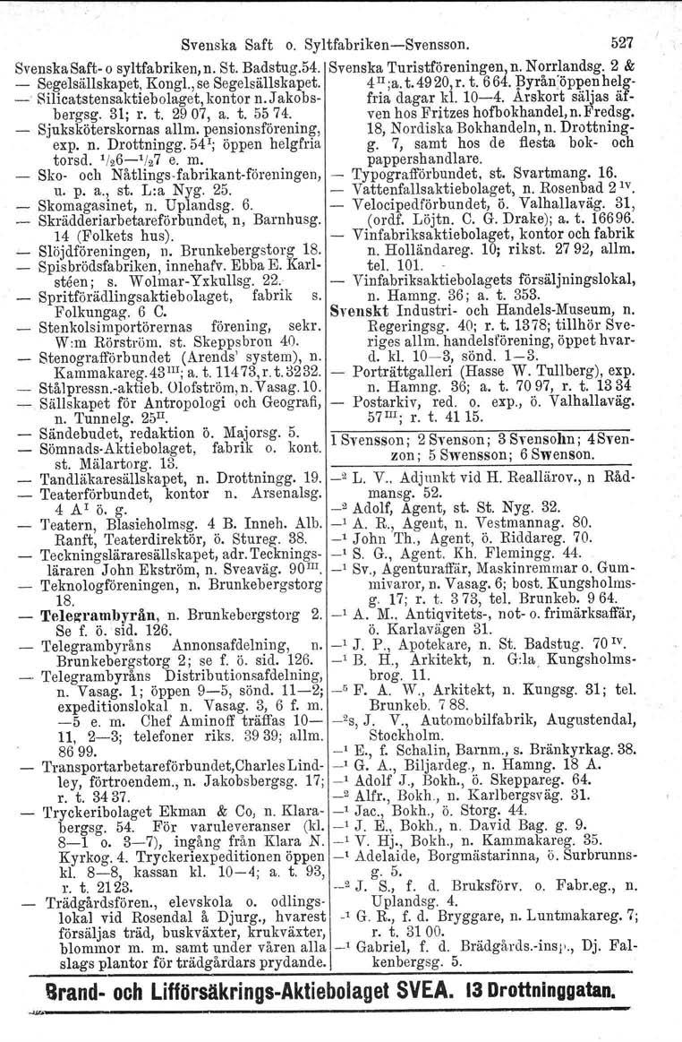 Svenska Saft o. Syltfabriken-Svensson. 527 Svenska Saft- o syltfabriken, n. St. Badstug.54. Svenska Turistföreningen, n. Norrlandsg. 2 & - Segelsällskapet, Kongl., se Segelsällskapet. 4 II ;a. t.