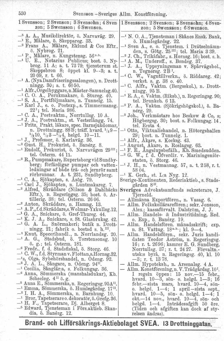 530 Svensson - Sveriges ~llm. Konstförening. 1 Svensson; 2 Svenson ; 3 Svensobn; 4 Sven 1 Svensson; 2 Svenson ; 3 Svensohm 4 Svenzon; 5 Swensson; 6 Swenson. zon; 5 Swensson; 6 Swenson. o _,5 A.