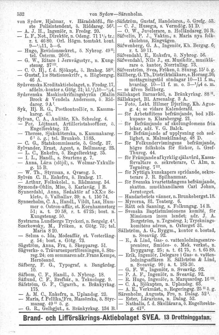 532 von Sydow-Särenholm. von Sydow, Hjalmar, v. Häradshöfd., för- Säfström, Gustaf, Handelsres., ö. Grefg.53. ste Polisintendent, ö. Riddareg. 561 - C. J., Huseg:a, s. Vermdög. '51 D,. - A. J. H., Ingeniör, n.