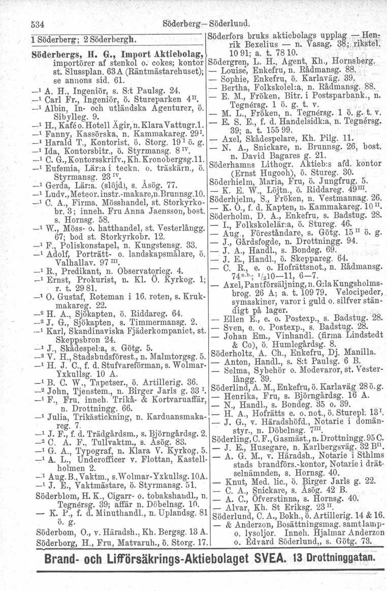 534 Söderberg- Söderlund. 1 Söderberg; _._._ 2 Söderbergh. Söderfors bruks aktiebolags upplag.,-- Hen-. rik Bexelius - n. Vasag. 38; rikstel. 8odeJ;bergs!. H. G.