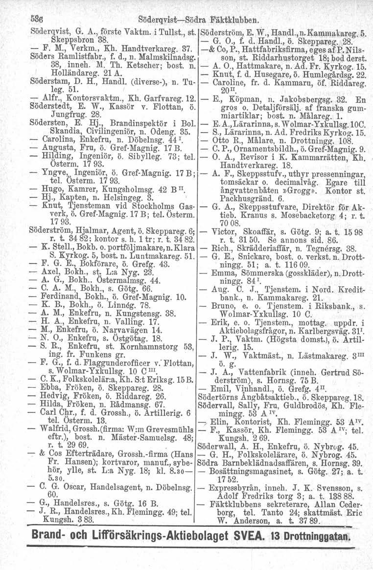 586 Söderqvist-Södra Fäktklubben. Söderqvist, G. A., förste Vaktm. i Tullst., st. ISöderström, E. W., Han~l.,n.. ltammakareg.5. Skeppsbron 38. - G. O., f. d. Handl., o. Skeppareg. 28. - F. M., Verkm.