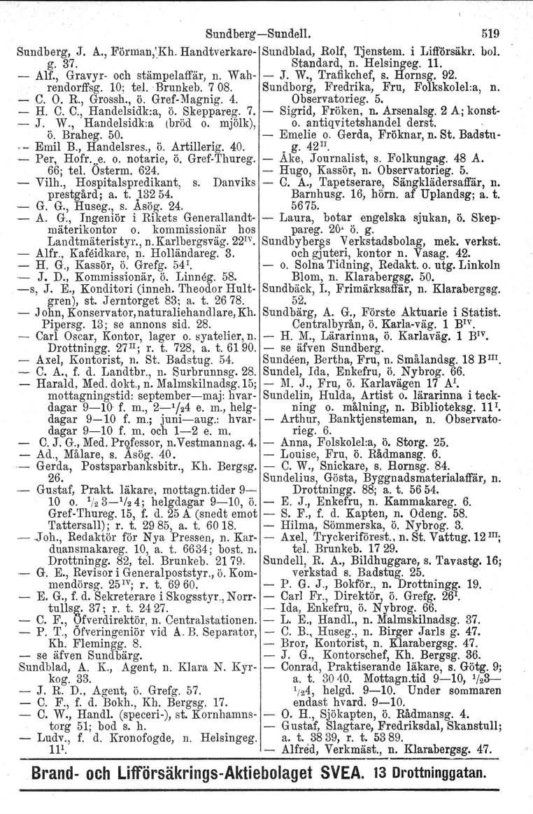 Sundberg-Stmdell. 519 Sundberg, J. A., Förman/Kh. Handtverkare- Sundblad, Rolf, Tjenstem. i Lifförsäkr. bol. g. 37.' Standard, n. Helsingeg. 11. - Alf., Gravyr- och stämpelaffär, n. Wah- - J. W., Trafikchef, s.