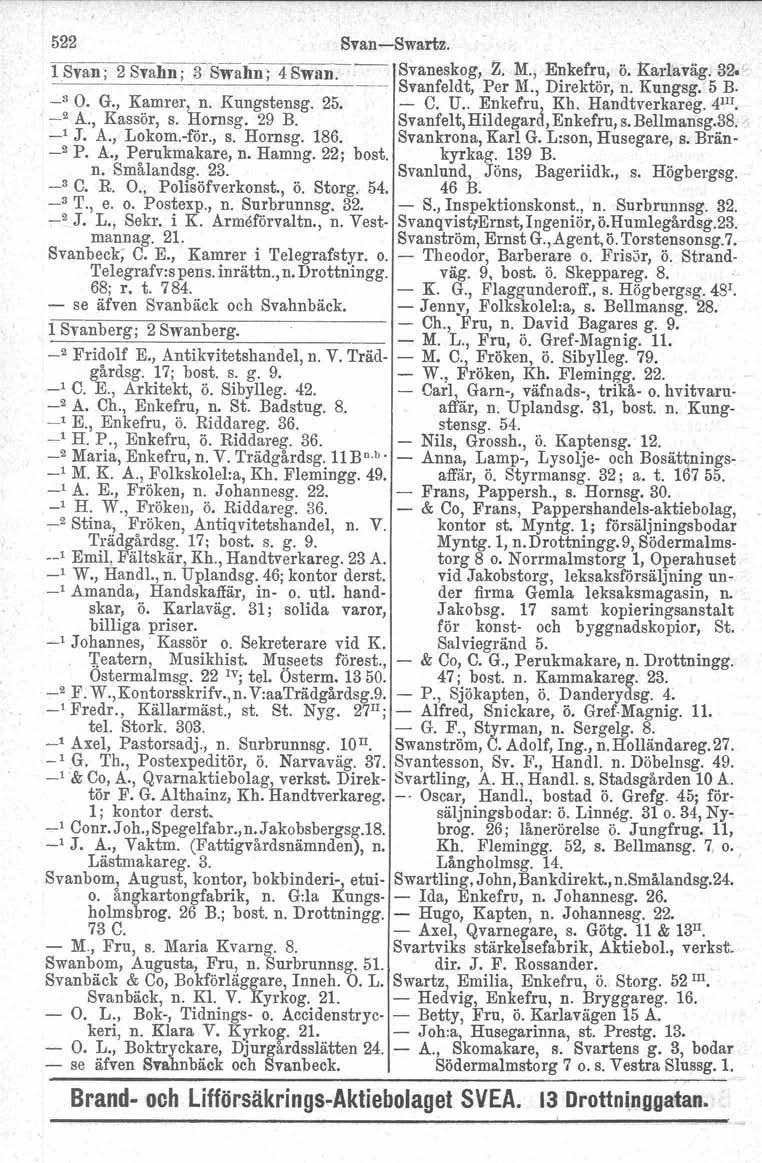 522 Svan-Swartz. 1Svan; 2 Svahn; S'Swahn ~ 4 Swan. -- Svaneskog, Z. :M., Enkefru, ö. Rarlaväg. 32. r ~----~---------- --- Svanfeldt, Per M., Direktör, n. Kungsg. 5 B. _8 O. G., Kamrer, n. Kungstensg.