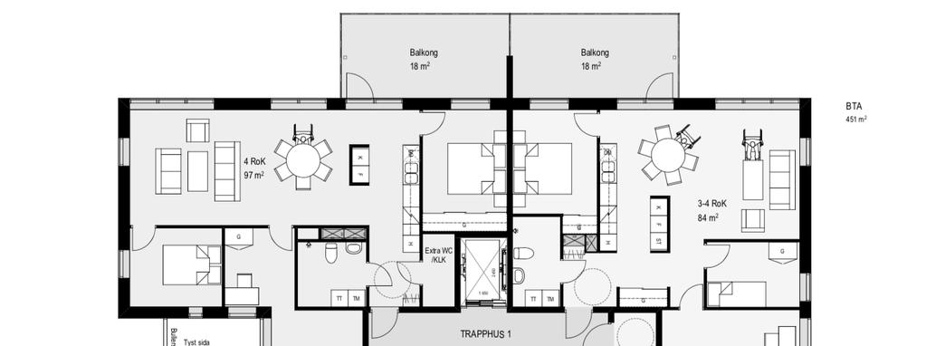 Rapport -18110600 Hus 1: Röd markering visar fasad som har över 60 dba ekvivalent nivå.