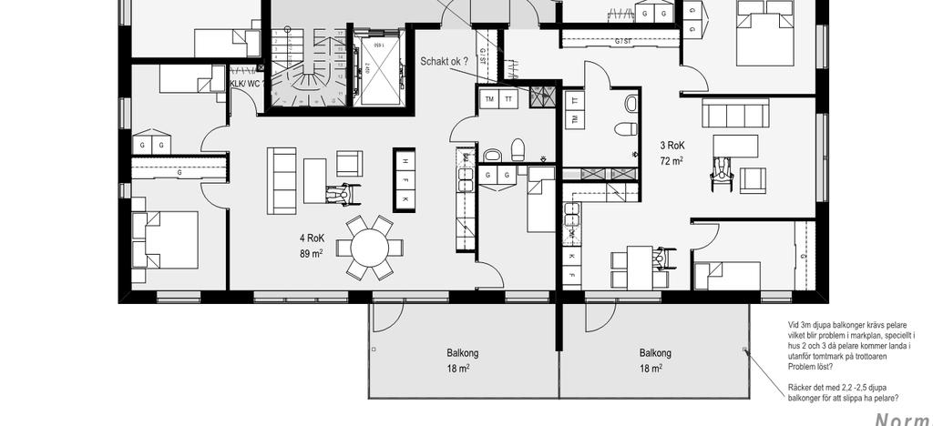 skyddad sida (streckad linje visar utbredning av skärm) Figur 5, Lägenhet i hus 2 med nivåer över 60 dba på bullerutsatt sida (röd