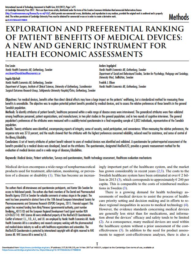 Utvecklingen och valideringen av MedTech20 publicerades oktober 2017: International Journal of Technology