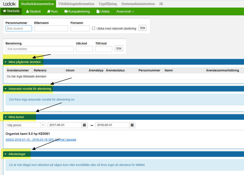 Startsida Pågående studentärenden (tex tillgodoräknanden) Länkar till kurser som du är resultatrapportör på Aviserade resultat för attestering (De klarmarkerade resultat som är aviserade till person