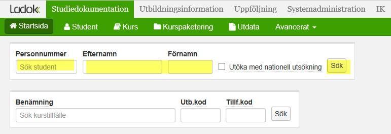 Startsida För att söka fram en doktorand skriver du in personnummer, efternamn och/eller förnamn.