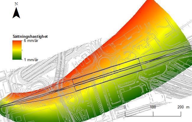 Version: A 14(25) Den sammanlagda bedömningen är att sättningarna inom området (km 457+500 457+800) är 4-6 mm/år ner till 15 m djup. 4.3.