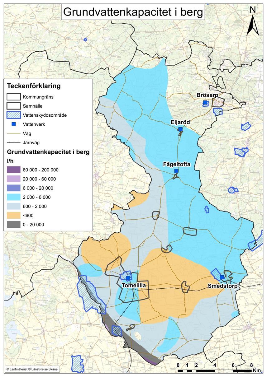 VA-Översikt - DEL 1 (av 4) i kommunens VA-plan Figur 4-1 Karta över grundvattenkapaciteten i berg i Tomelilla kommun.