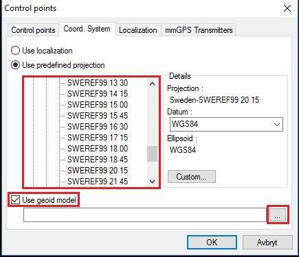 Välj sen rätt geoidmodell genom att bocka i rutan Use geoid model och klicka