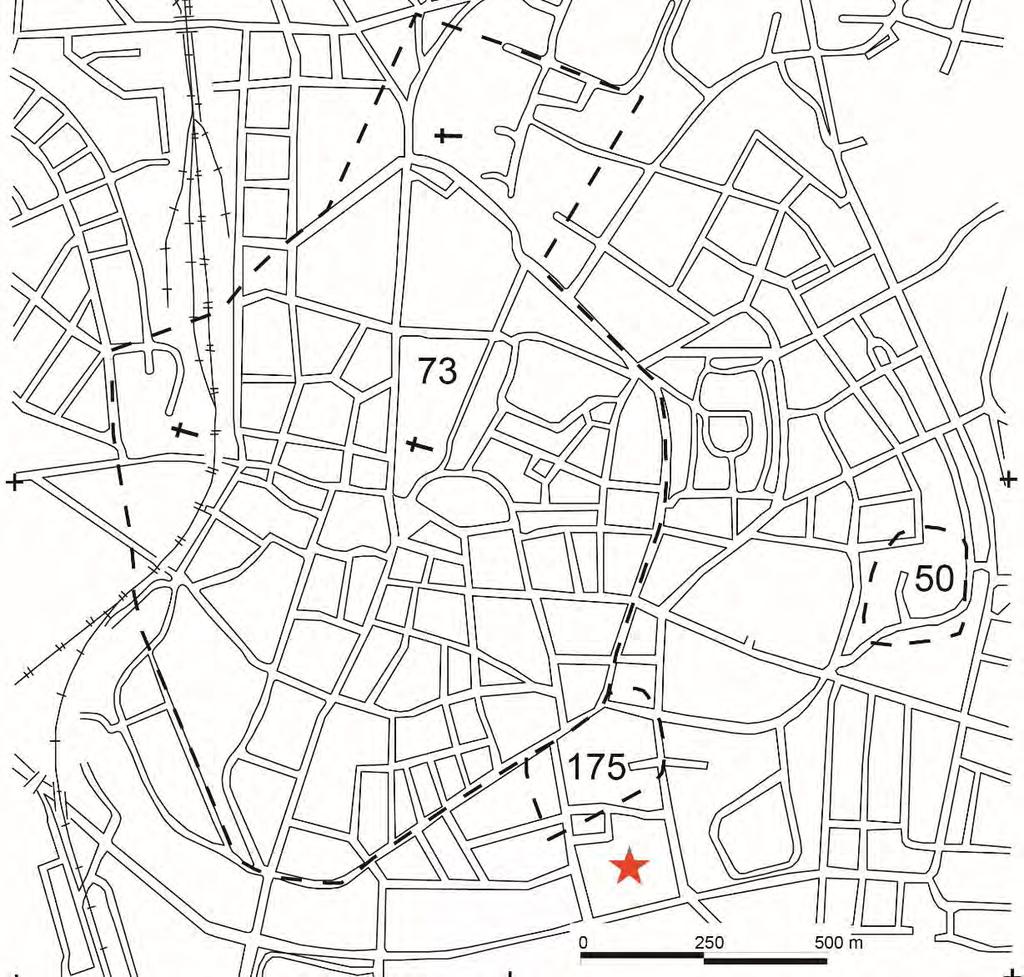 Figur 1. Lunds medeltida stad, fornlämning 73, med platsen för undersökningen, söder om Lilla Råby (fornlämning 175:1), markerad med en röd stjärna.