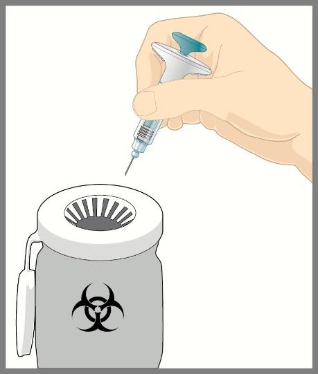 När du har injicerat läkemedlet Kasta sprutan Sätt INTE tillbaka nålskyddet. Kasta sprutan i en behållare för vassa föremål eller enligt läkarens, apotekspersonalens eller sjuksköterskans anvisningar.