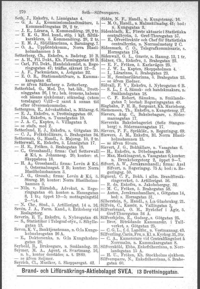 270 Seth-Silfversparre. Seth, J., Enkefru, Ö. Linnegatan 4. ISiden, N. F., Handl., n. Kungstensg.. 16. - G. A. J., Kommissionslandtmätare, Ö. - M. O., Handl., n. Malmskilnadsg.