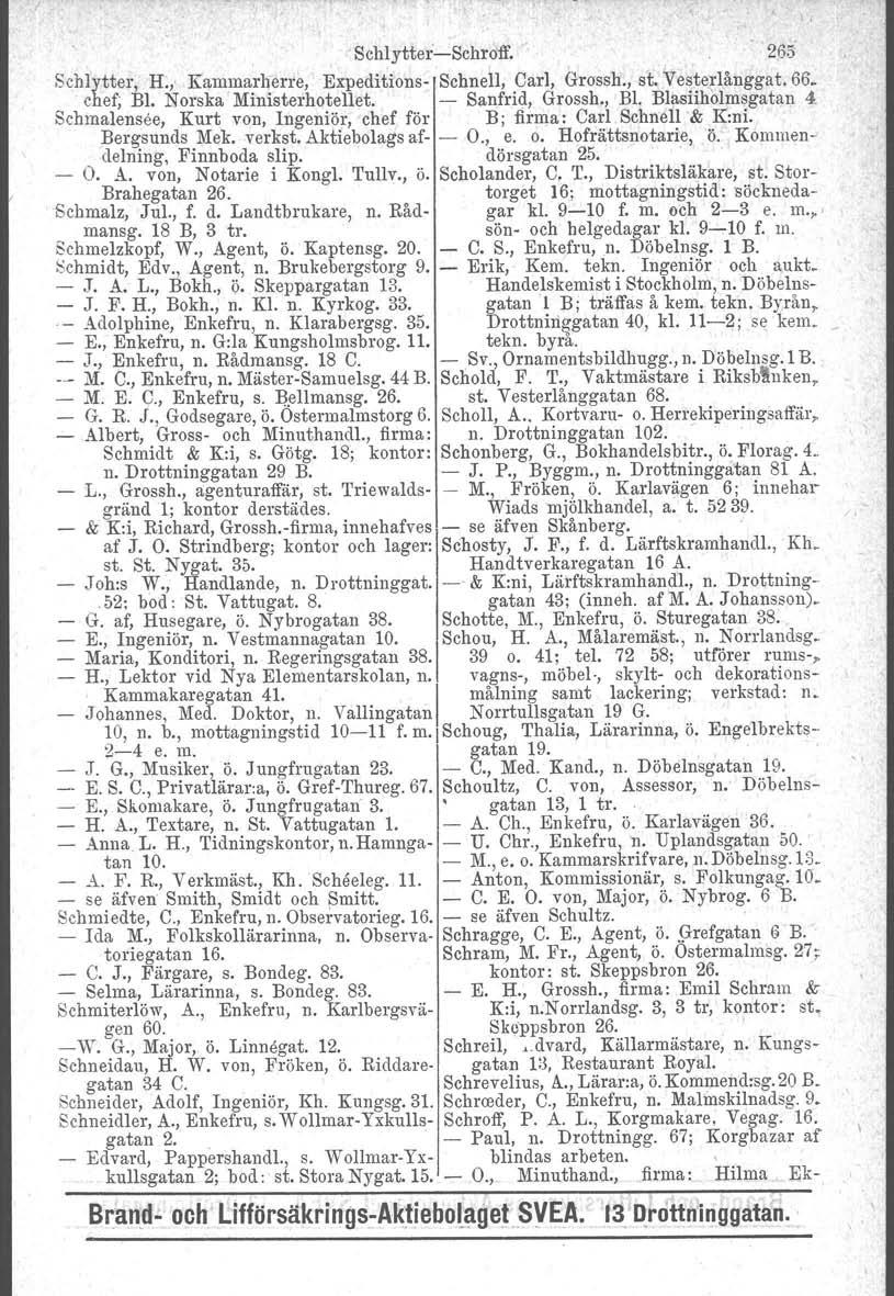 \, Schlytter-Schroif. 265' Schlytter, H:, Kammarherre, Expeditions- Schnell, Carl, Grossh., st. Vesterlånggat. 66. chef; Bl. Norska Ministerhotellet. - Sanfrid, Grossh., Bl.