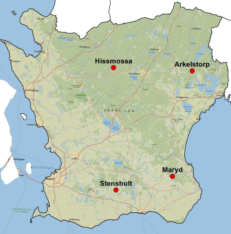 Krondroppsnätet bedriver mätningar vid fyra mätplatser i Skåne län (Tabell B1). Tabell B1. Aktiva mätplatser i Skåne 2017/18.