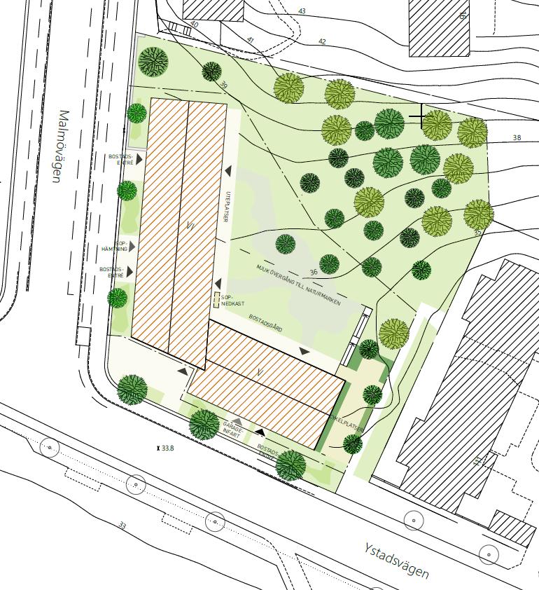 Sida 18 (39) Planförslag Förslaget innebär att befintlig naturmark bebyggs med ny bostadsbebyggelse i 5 6 våningar.