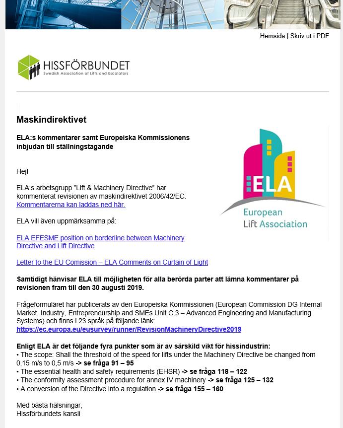 ELA Se Hissförbundets mail från den 5 juli 2019 Senast 30 augusti kan lämnas