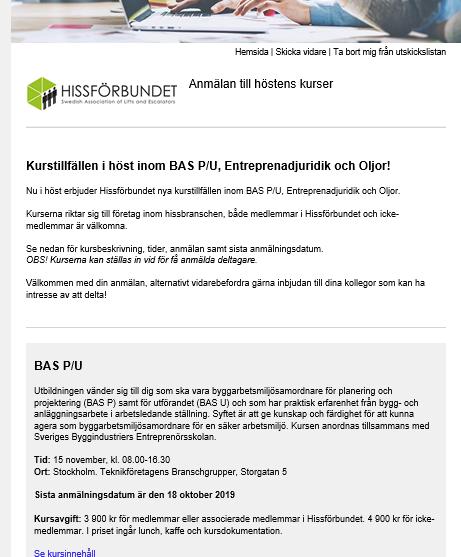 Utbildningskommitté III Kursprogram höst 2019 Entreprenadjuridik: 4 sep (Sthlm) -> 30 augusti 4 okt (Gbg) -> deadline 25 september BAS P/U: 15 nov (Sthlm) ->