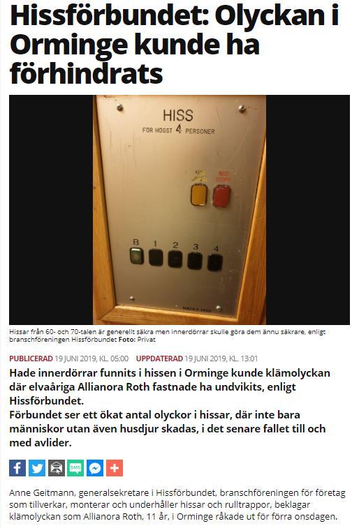 Olycksfallsrapportering i media 12 Juni 2019: allvarlig klämolycka där barn fastnade