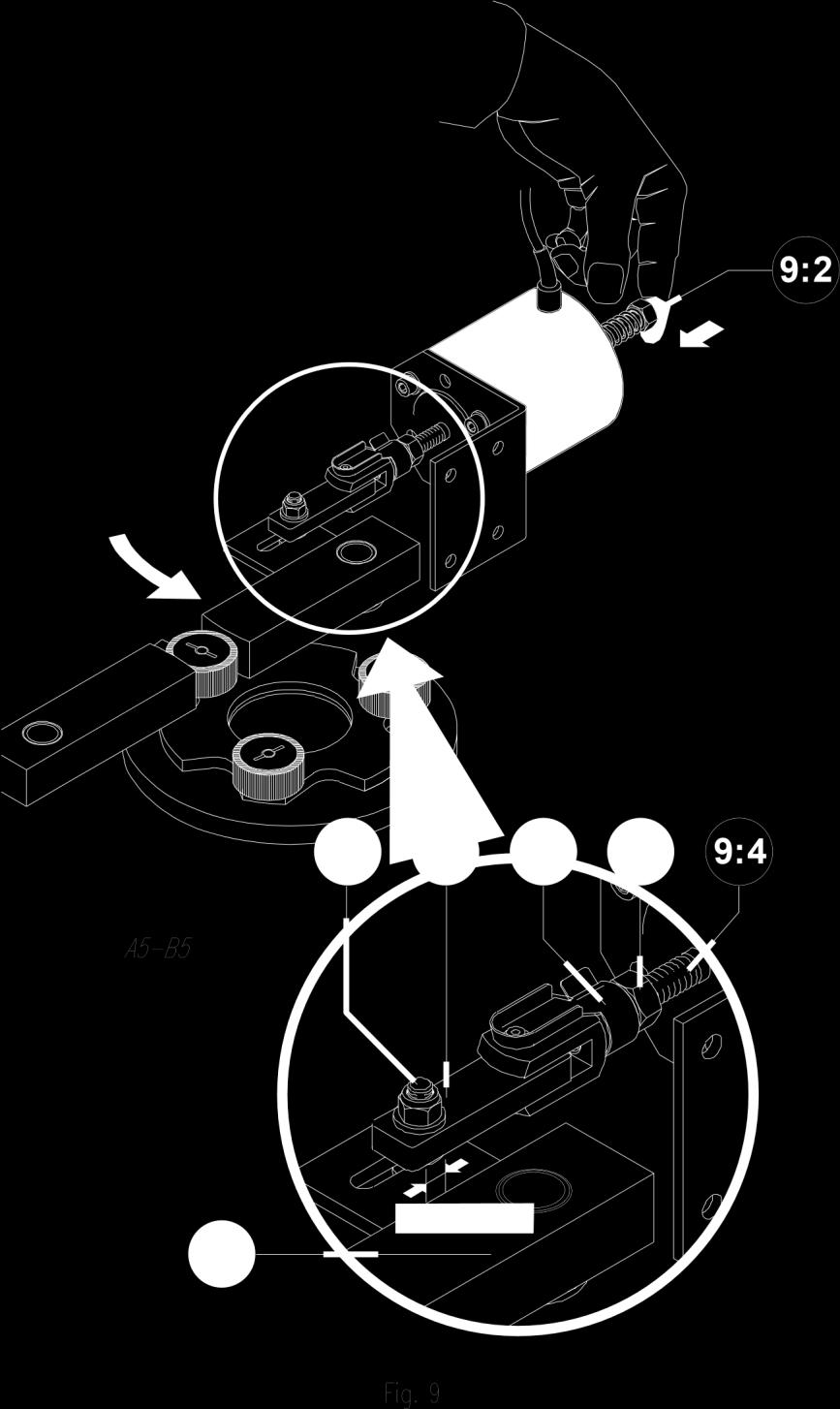 3.3.2 Justering 1-3 mm spel 1 Lossa muttern (9:1). 2 Tryck in axeln (9:2) som illustreras ovan för att föra regeln (9:3) till den position som den ska ha när elektromagneten är under spänning.