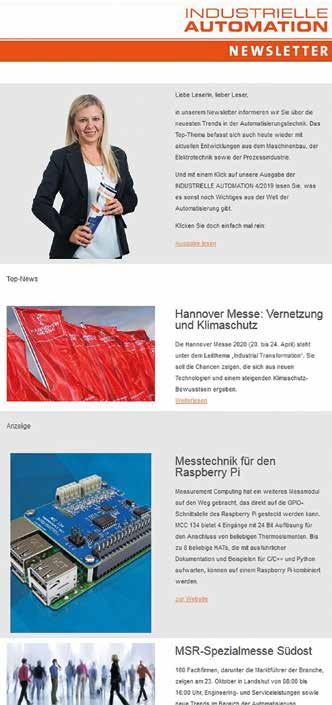 NEWSLETTER Porträt I Preisliste Werbeformen 1PFN 1 Porträt 1 Name: INDUSTRIELLE AUTOMATION Newsletter 2 Kurzcharakteristik: Der 14-tägig erscheinende INDUSTRIELLE AUTOMATION Newsletter informiert
