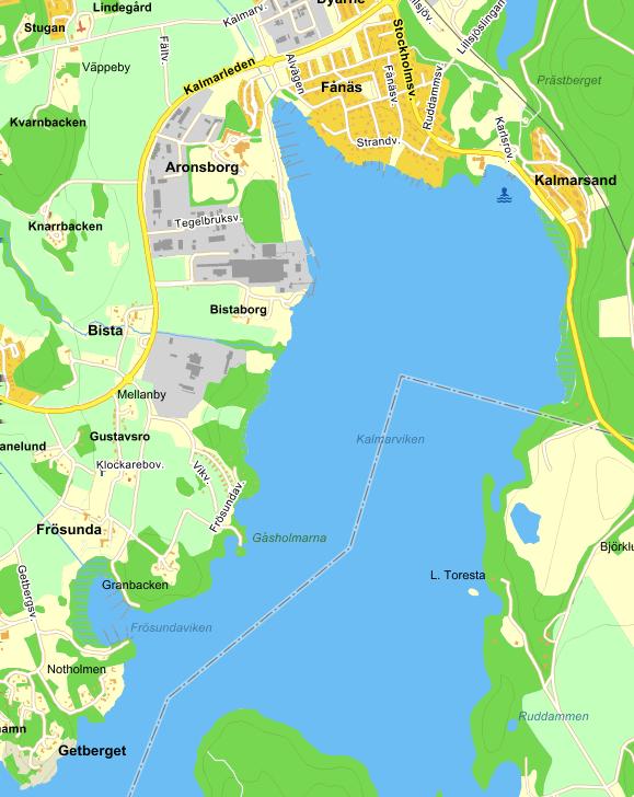Bild 1 Översikt, Kalmarviken med bostadsområden markerade med orange och