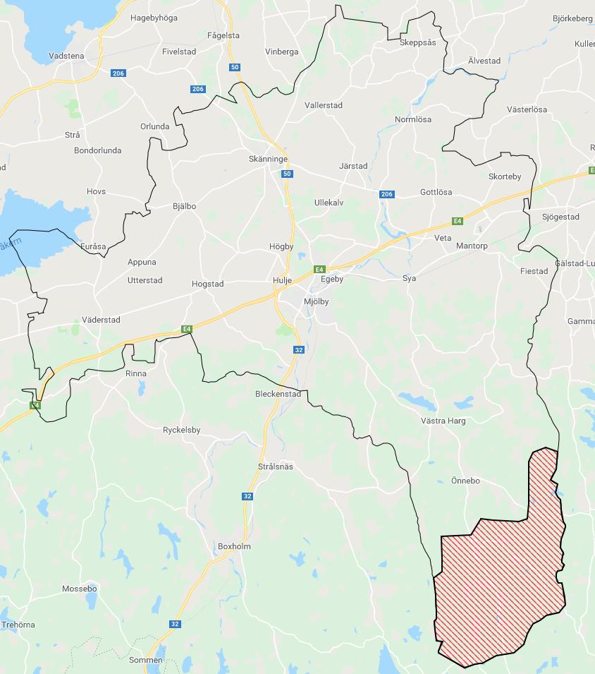 PILOT OMRÅDE / PLACERING Det identifierade området ligger i södra delen av Mjölby kommun. Det bor 65 st fastboende och det är 148 fastighetsägare totalt i området.