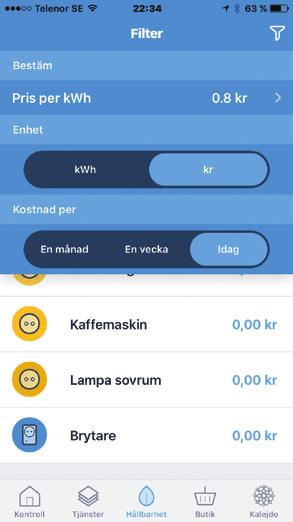 Hållbarhet Fliken Hållbarhet visar energiförbrukning på de smart plugs du har anslutit i systemet.