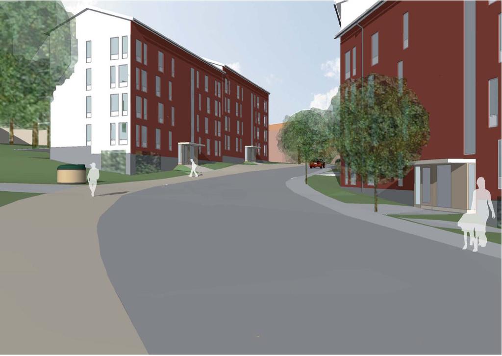 Lägenheterna kommer att upplåtas med bostadsrätt. Parkeringen är nedsänkt så att första bostadsvåningen kommer en halv trappa upp. Entréer placeras ut mot gatan.