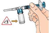 11 Medan sprutenheten fortfarande sitter på, snurrar du injektionsflaskan varsamt så att det torra Betaferon-pulvret löses upp helt.
