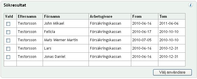 4. Klicka på knappen Sök. Sökresultatet visas i panelen Sökresultat. I panelen Sökresultat visas resultatet av din sökning. Här gör du ett urval av sökresultatet. 5.