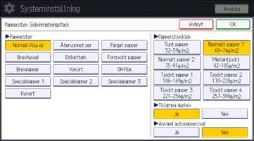 9. Fylla på papper och toner Ange tjockt papper, tunt papper eller OH-film som papperstyp via kontrollpanelen Använd OH-film av format A4 eller 8 1 / 2 11 och ange detta format.