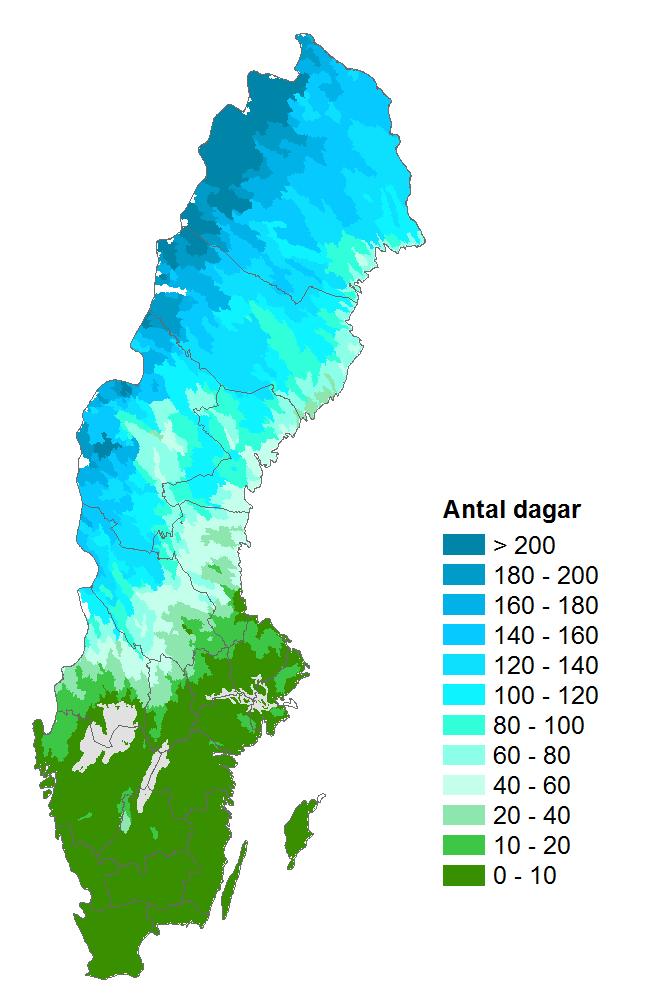 Antal dagar med snötäcke, minst 20 mm Sverige Beräknat 1961-1990 Beräknat 2069-2098