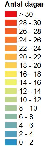 Värmeböljans längd i dagar Observerat 1961-1990 Beräknat 2069-2098 på